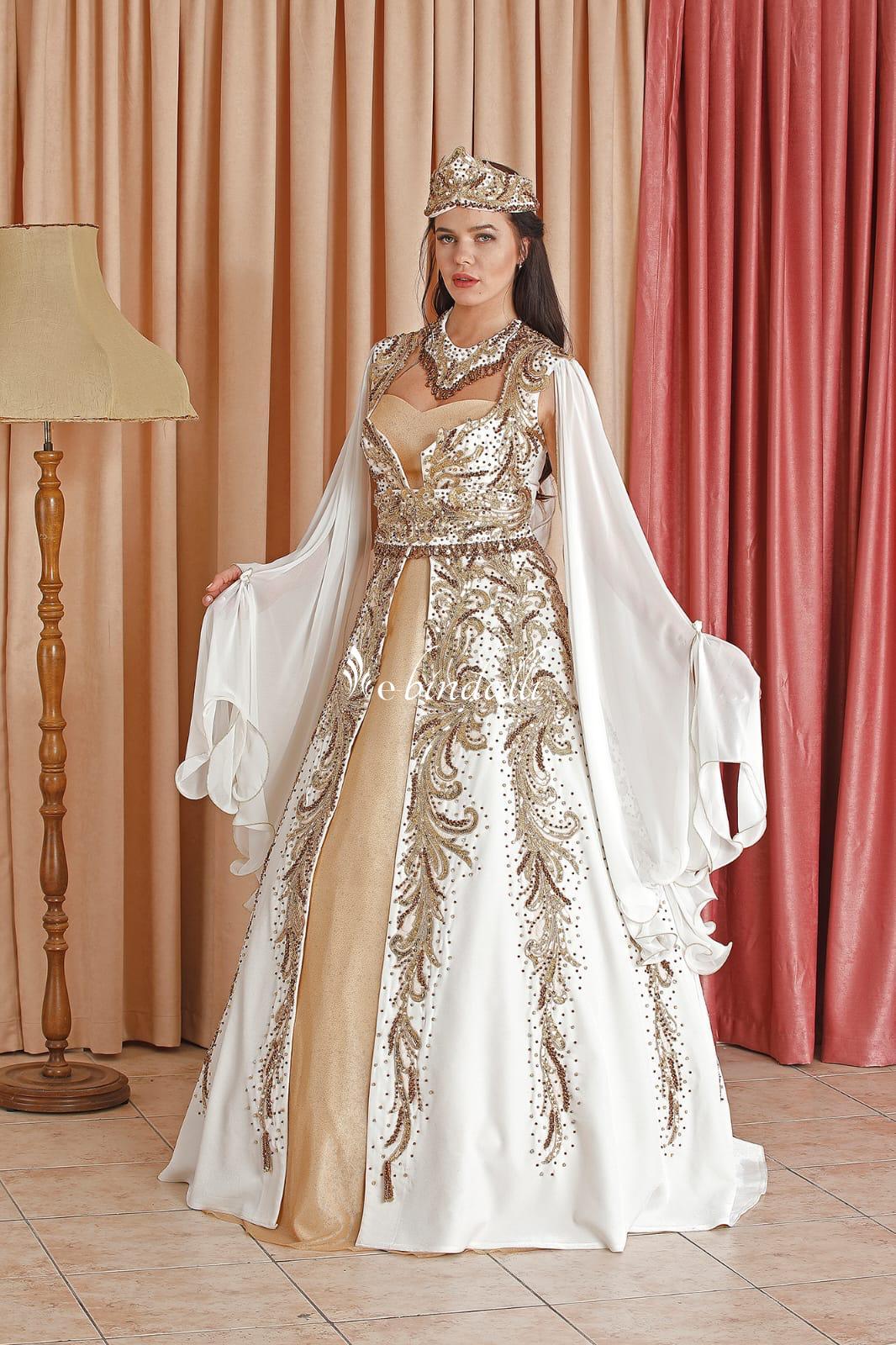 Gold Color Beaded By Hand White Velvet Caftan Enb-131