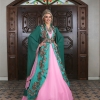 Şeker Pembe Elbise Yeşil Dantelli Kaftan 